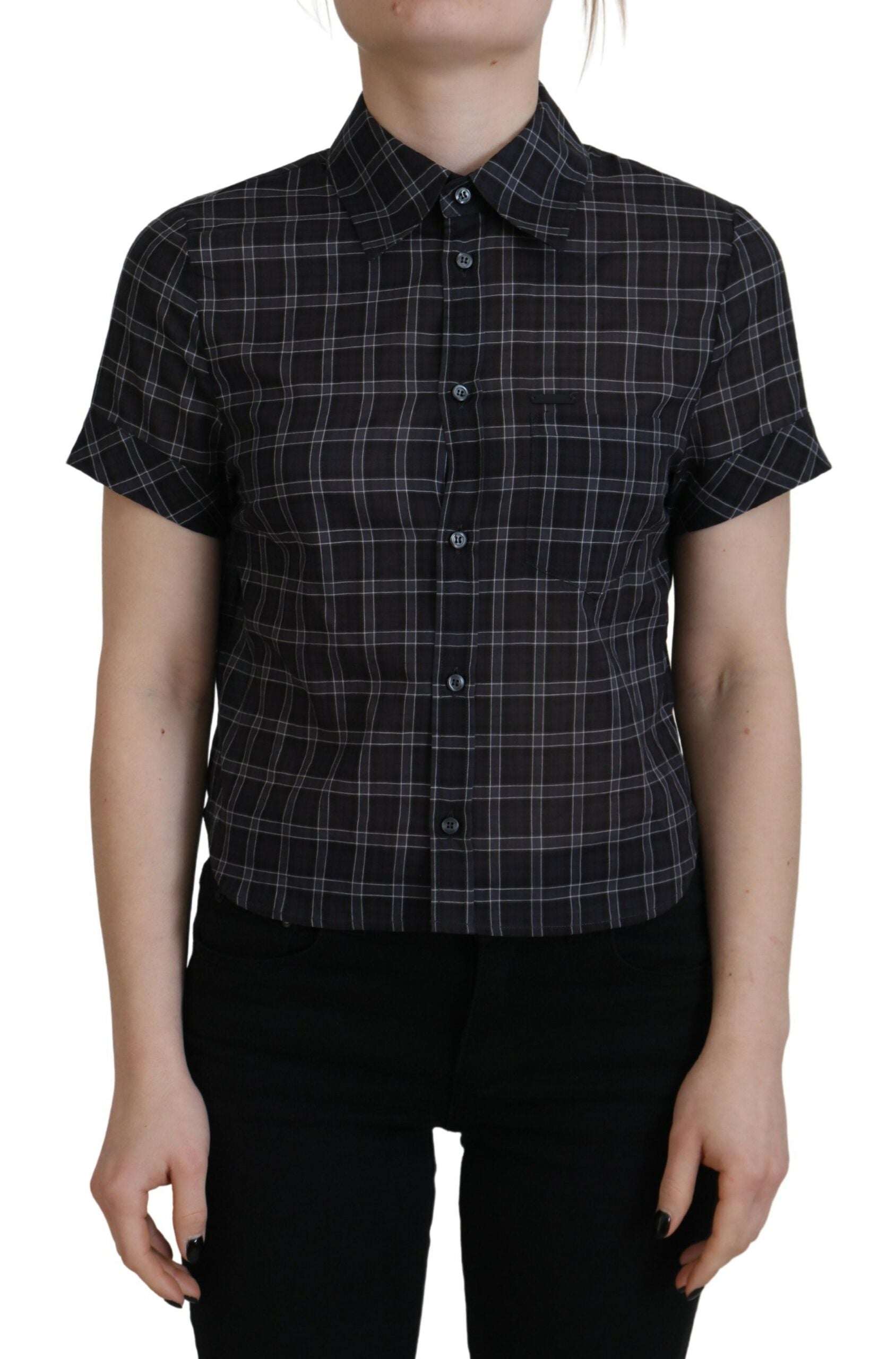 Dsquared² Black Checkered Collared Button Short Sleeves Top by Dsquared²