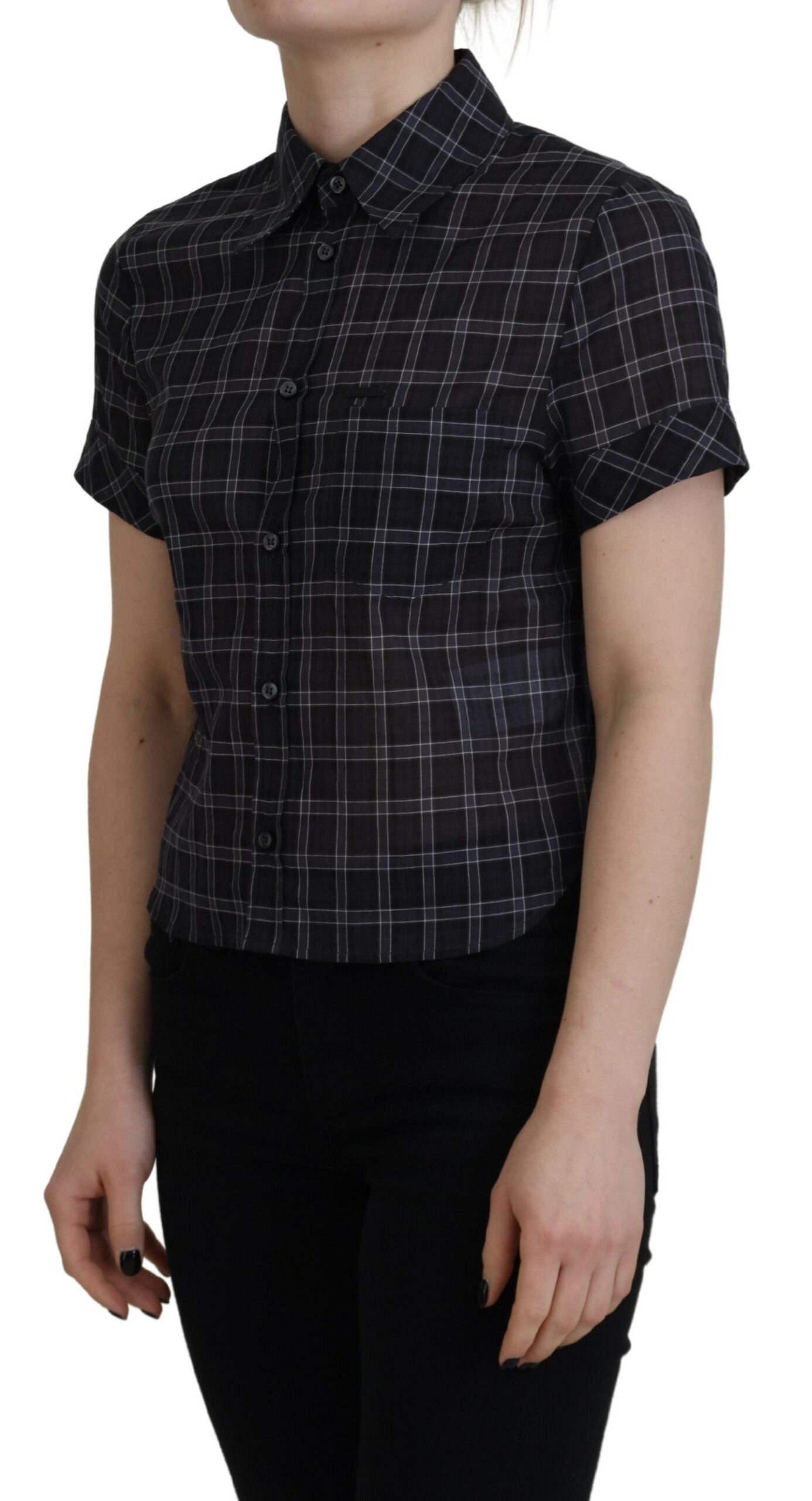 Dsquared² Black Checkered Collared Button Short Sleeves Top by Dsquared²