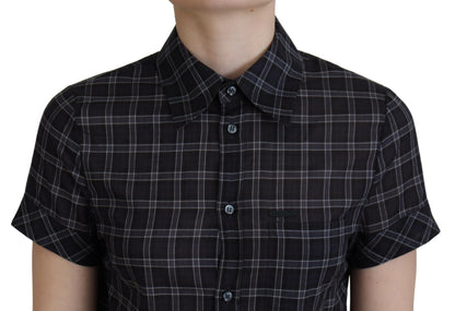 Dsquared² Black Checkered Collared Button Short Sleeves Top by Dsquared²