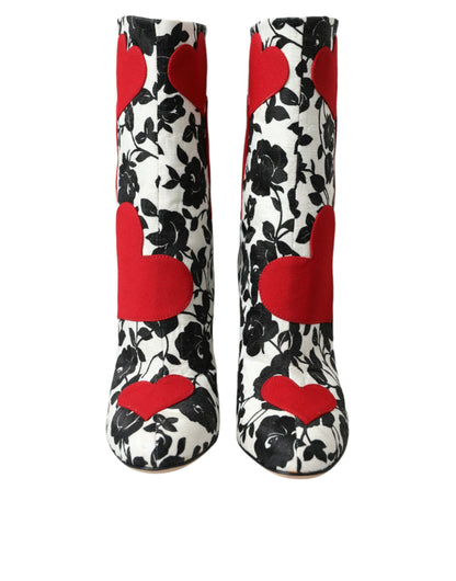 Dolce &amp; Gabbana - Bottines hautes en cuir blanc à motif floral et cœurs