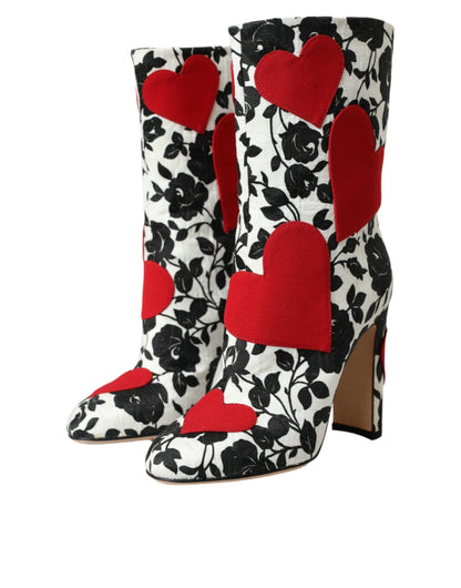Dolce &amp; Gabbana - Bottines hautes en cuir blanc à motif floral et cœurs