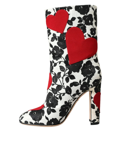 Dolce &amp; Gabbana - Bottines hautes en cuir blanc à motif floral et cœurs