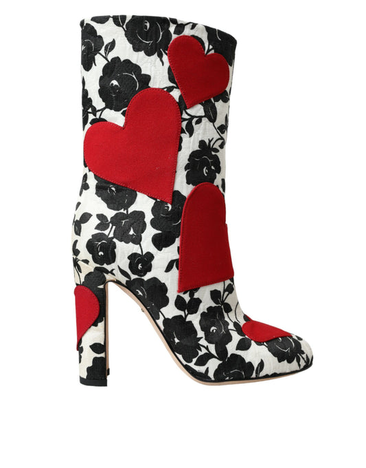 Dolce &amp; Gabbana - Bottines hautes en cuir blanc à motif floral et cœurs