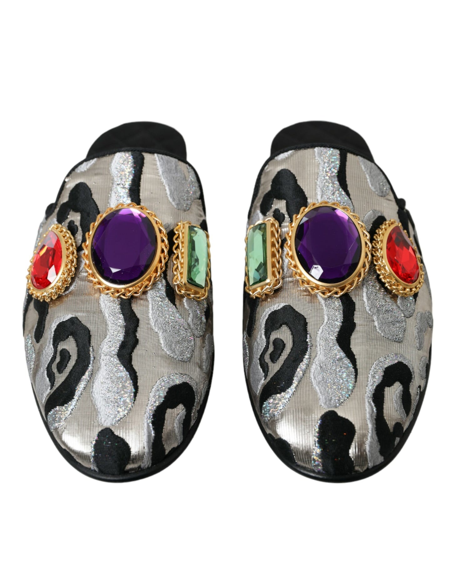 Dolce &amp; Gabbana Gray Jacquard Crystal Mule Flat Sandals Shoes