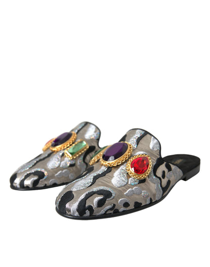 Dolce &amp; Gabbana Gray Jacquard Crystal Mule Flat Sandals Shoes
