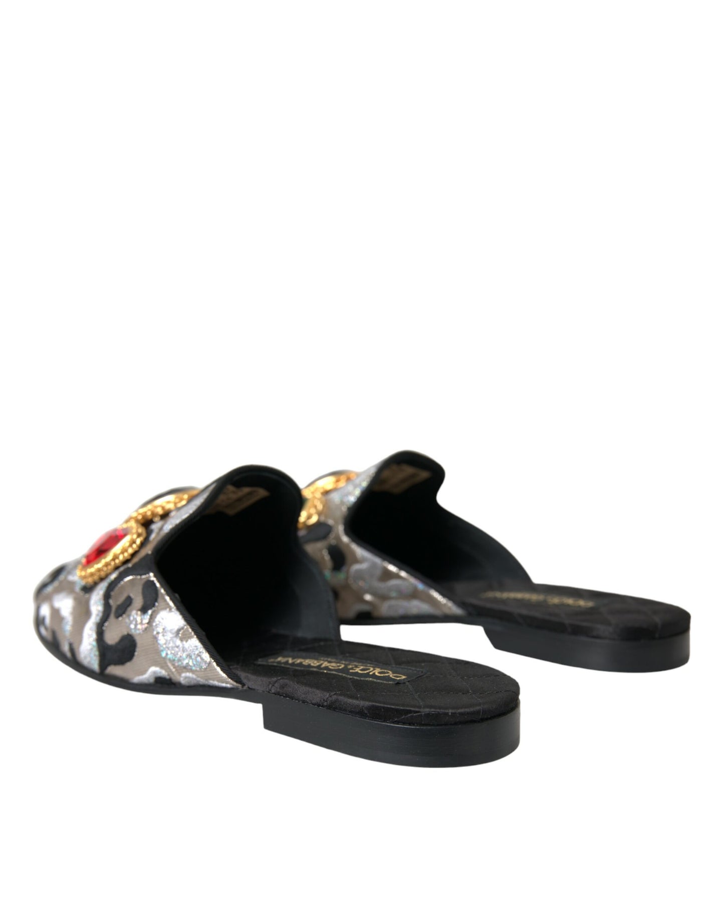 Dolce &amp; Gabbana Gray Jacquard Crystal Mule Flat Sandals Shoes