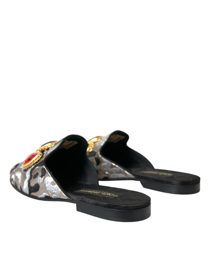 Dolce &amp; Gabbana Gray Jacquard Crystal Mule Flat Sandals Shoes