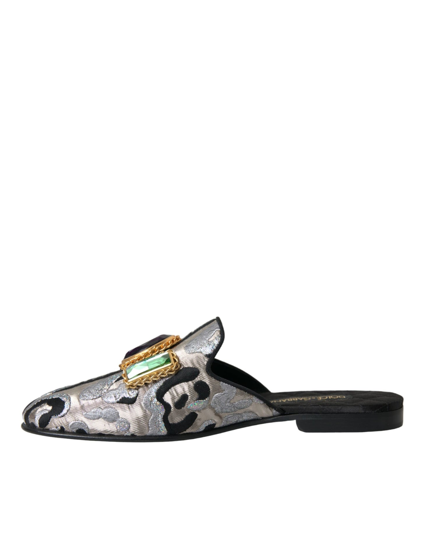 Dolce &amp; Gabbana Gray Jacquard Crystal Mule Flat Sandals Shoes