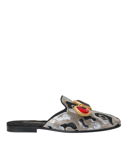 Dolce &amp; Gabbana Gray Jacquard Crystal Mule Flat Sandals Shoes