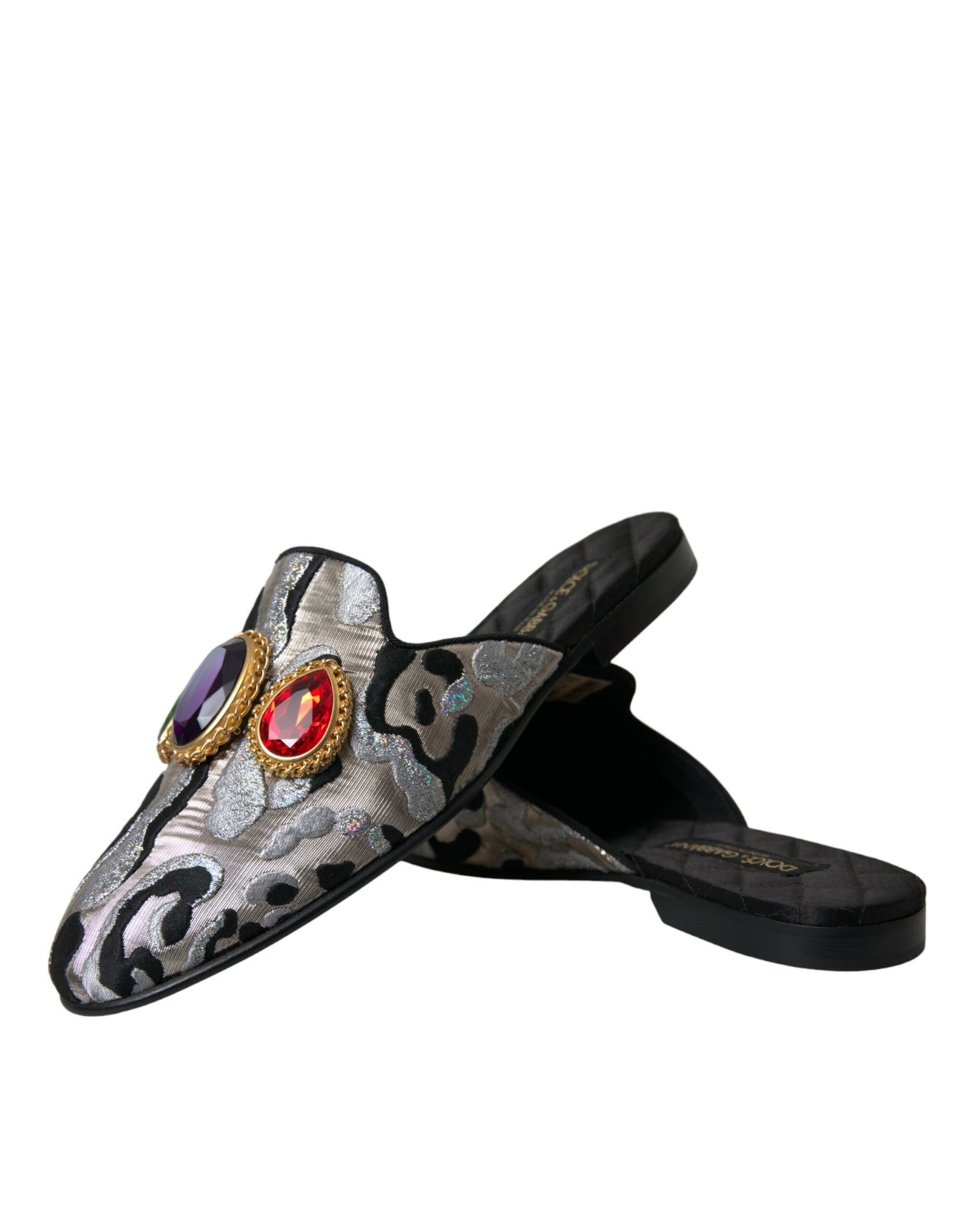 Dolce &amp; Gabbana Gray Jacquard Crystal Mule Flat Sandals Shoes
