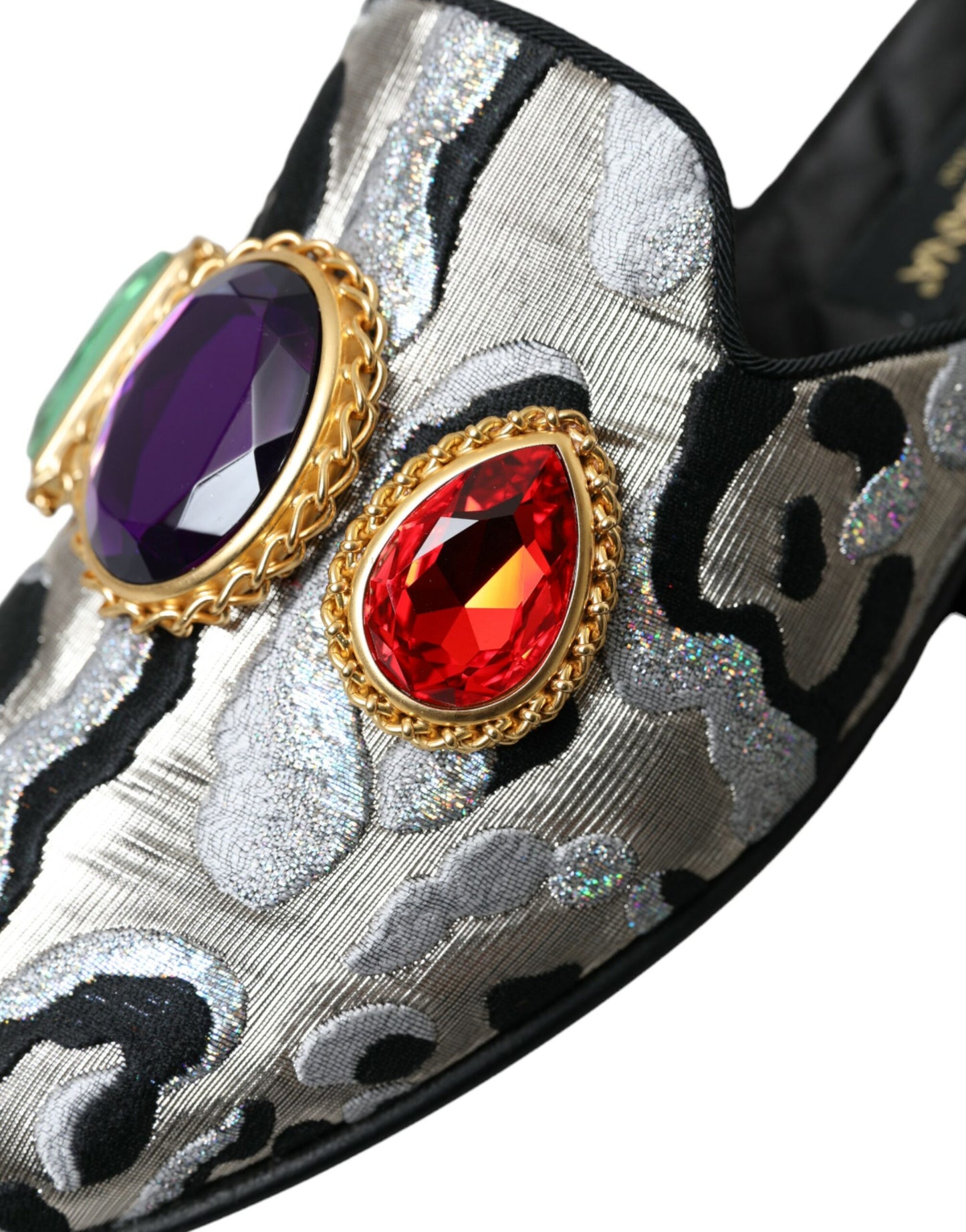 Dolce &amp; Gabbana Gray Jacquard Crystal Mule Flat Sandals Shoes