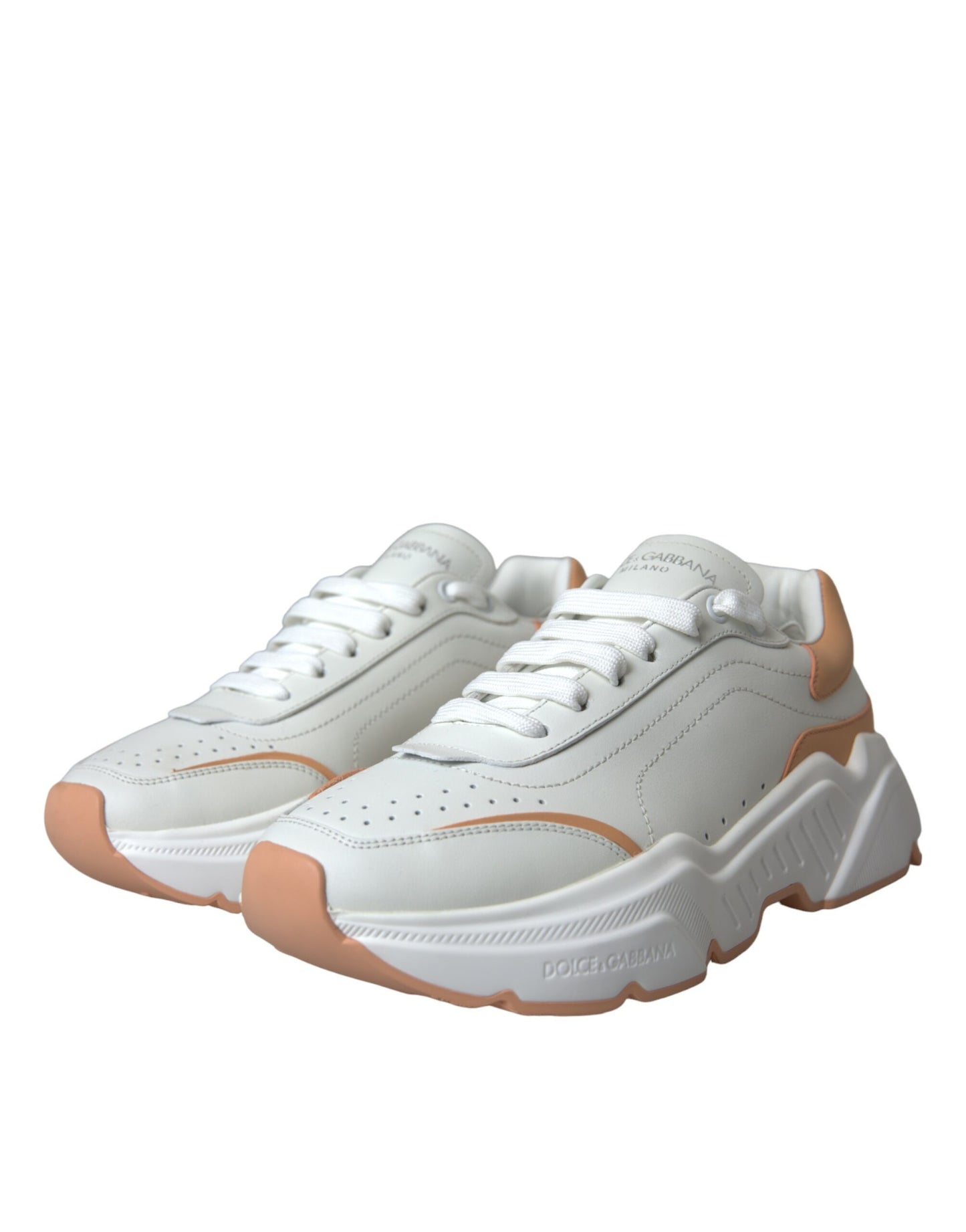 Dolce & Gabbana White Peach DAYMASTER Leather Sneakers Shoes by Dolce & Gabbana