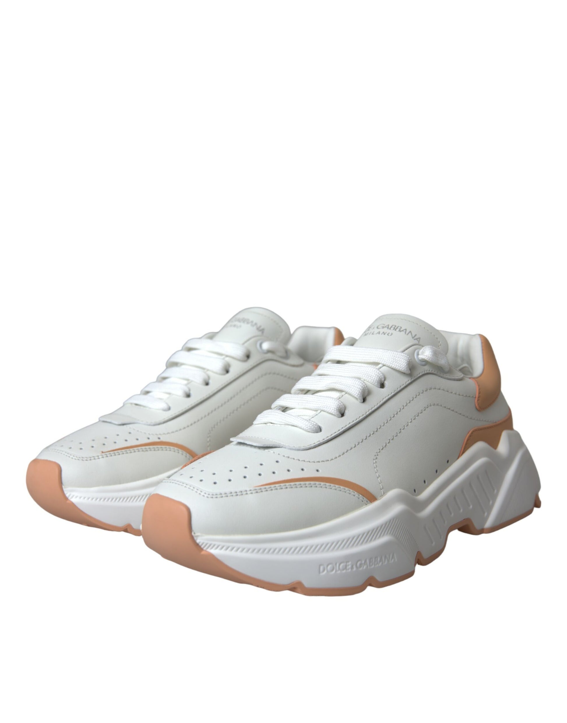 Dolce & Gabbana White Peach DAYMASTER Leather Sneakers Shoes by Dolce & Gabbana