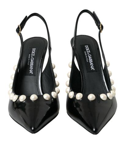 Chaussures à bride arrière en cuir noir Dolce &amp; Gabbana à talon en fausse perle