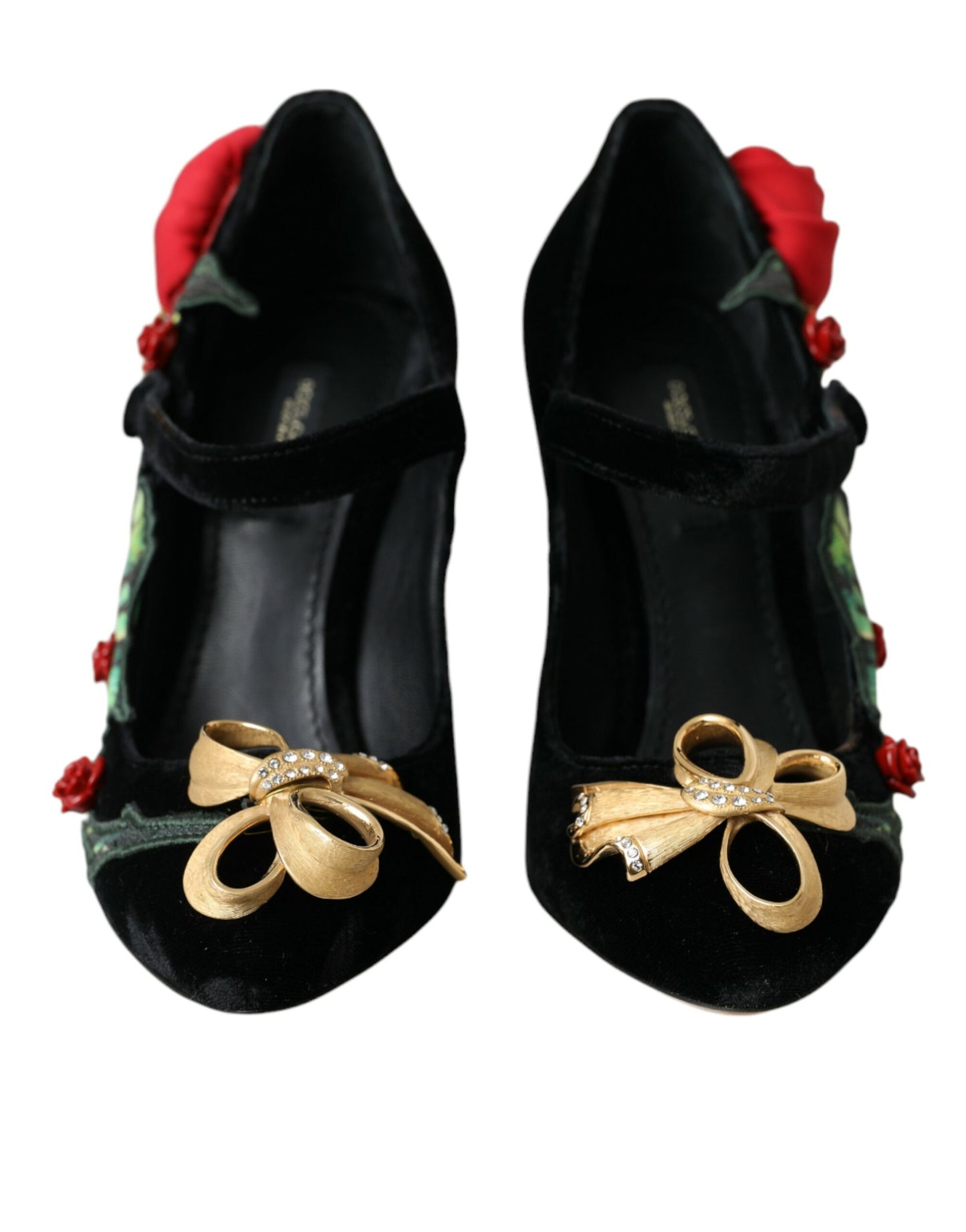Dolce &amp; Gabbana Black Roses Crystal Brooch Mary Jane Shoes