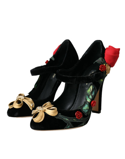 Dolce &amp; Gabbana Black Roses Crystal Brooch Mary Jane Shoes