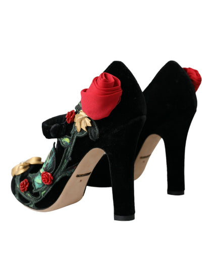 Dolce &amp; Gabbana Black Roses Crystal Brooch Mary Jane Shoes