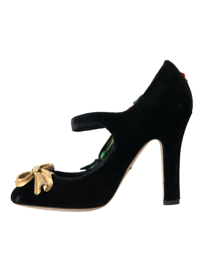 Dolce &amp; Gabbana Black Roses Crystal Brooch Mary Jane Shoes