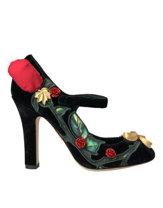 Dolce &amp; Gabbana Black Roses Crystal Brooch Mary Jane Shoes