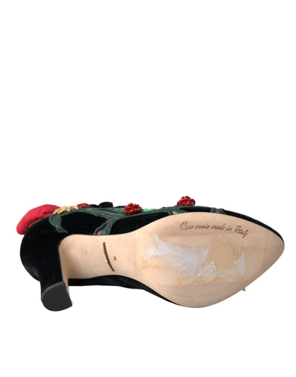 Dolce &amp; Gabbana Black Roses Crystal Brooch Mary Jane Shoes