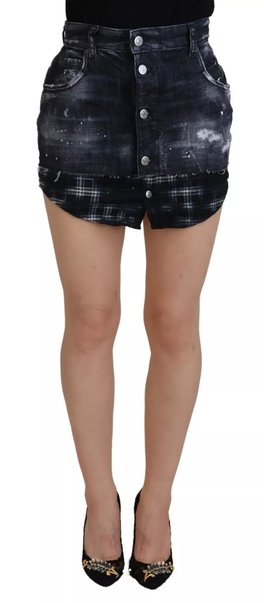 Mini-jupe trapèze taille haute en jean noir à carreaux Dsquared²