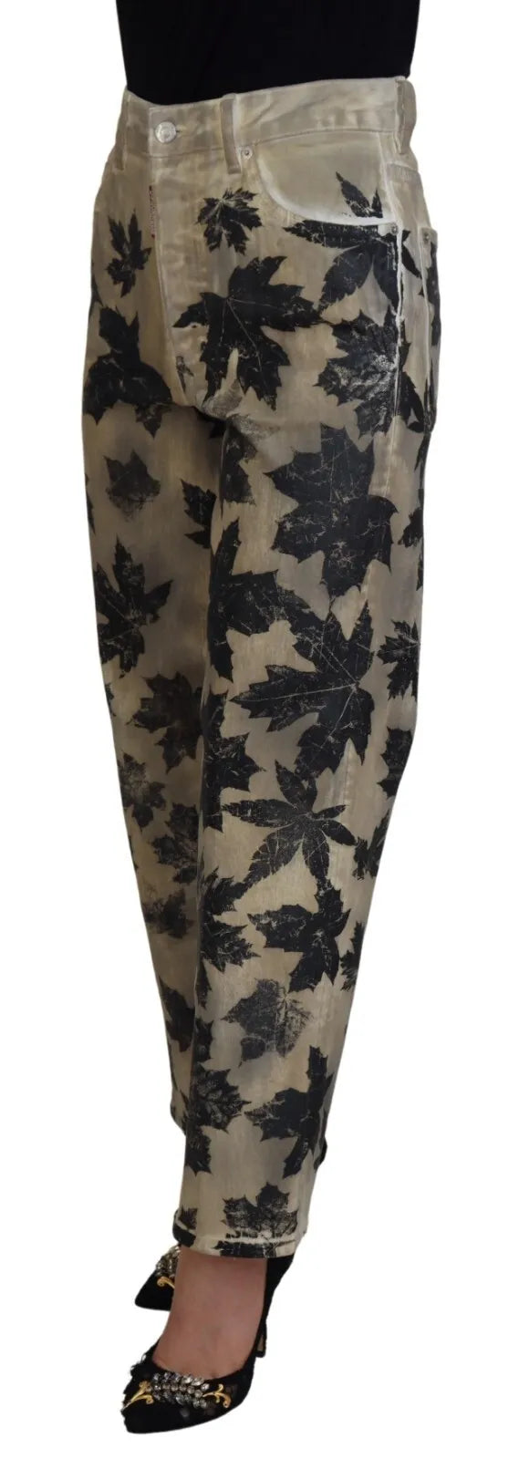 Dsquared² Beige Leaves Cotton High Waist Denim Jeans Boston by Dsquared²