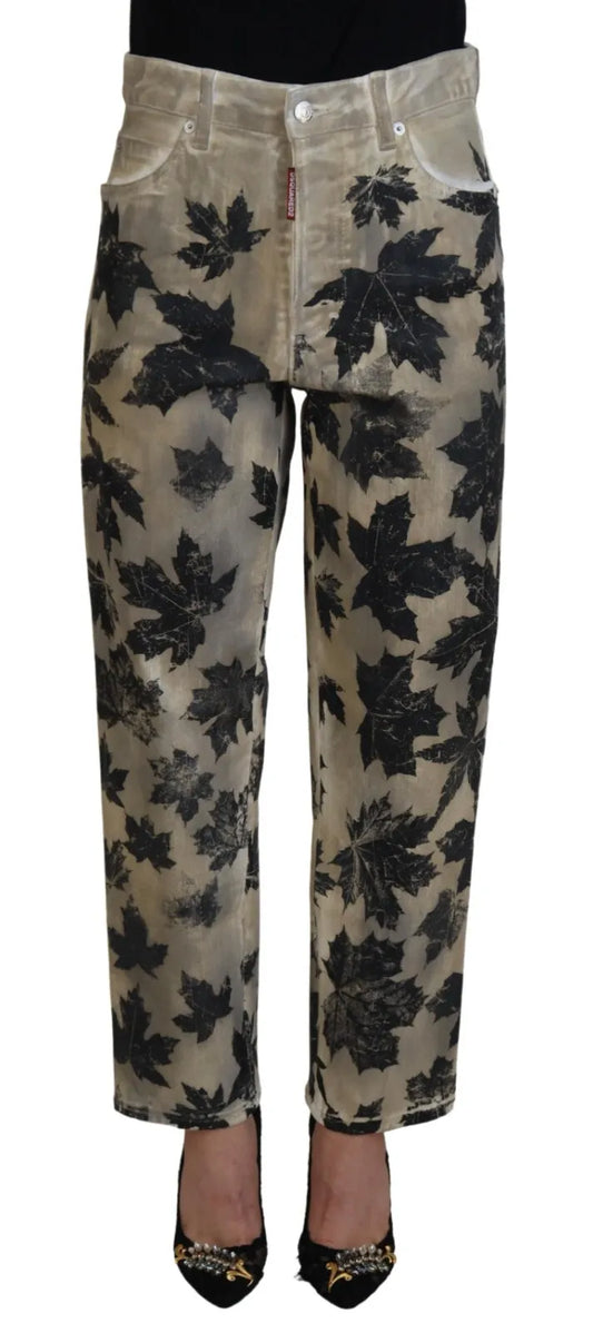 Dsquared² Beige Leaves Cotton High Waist Denim Jeans Boston by Dsquared²