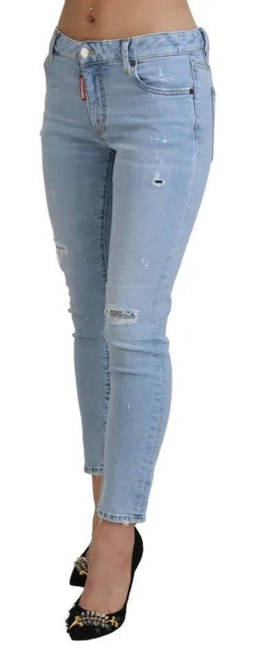 Dsquared² Blue Tattered Mid Waist Cropped Twiggy Denim Jeans by Dsquared²