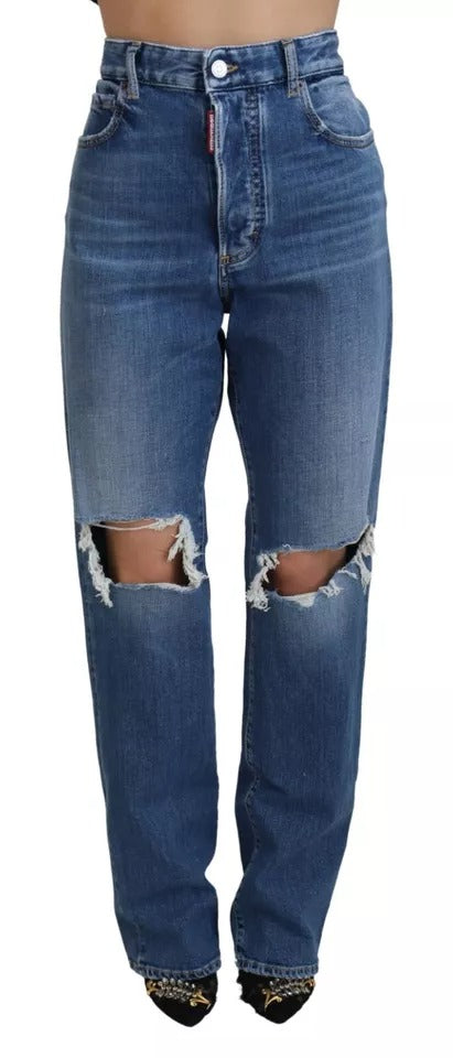 Dsquared² Blue Distressed High Waist Straight Denim Jeans by Dsquared²