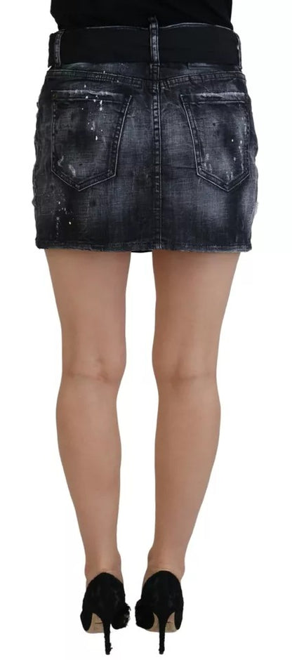 Mini-jupe trapèze taille mi-haute en jean noir effet vieilli Dsquared²