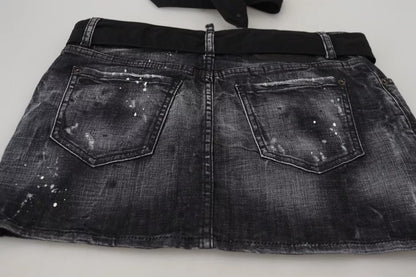 Mini-jupe trapèze taille mi-haute en jean noir effet vieilli Dsquared²