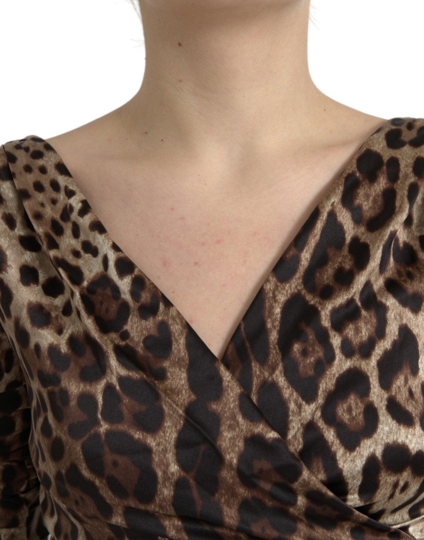 Dolce & Gabbana Brown Leopard Print Bodycon V-neck Midi Dress by Dolce & Gabbana