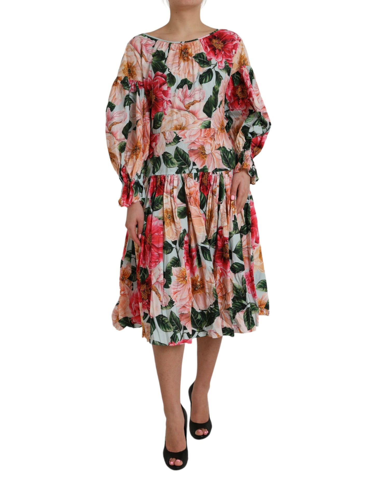 Dolce & Gabbana Multicolor Floral CottonAline Pleated Dress by Dolce & Gabbana