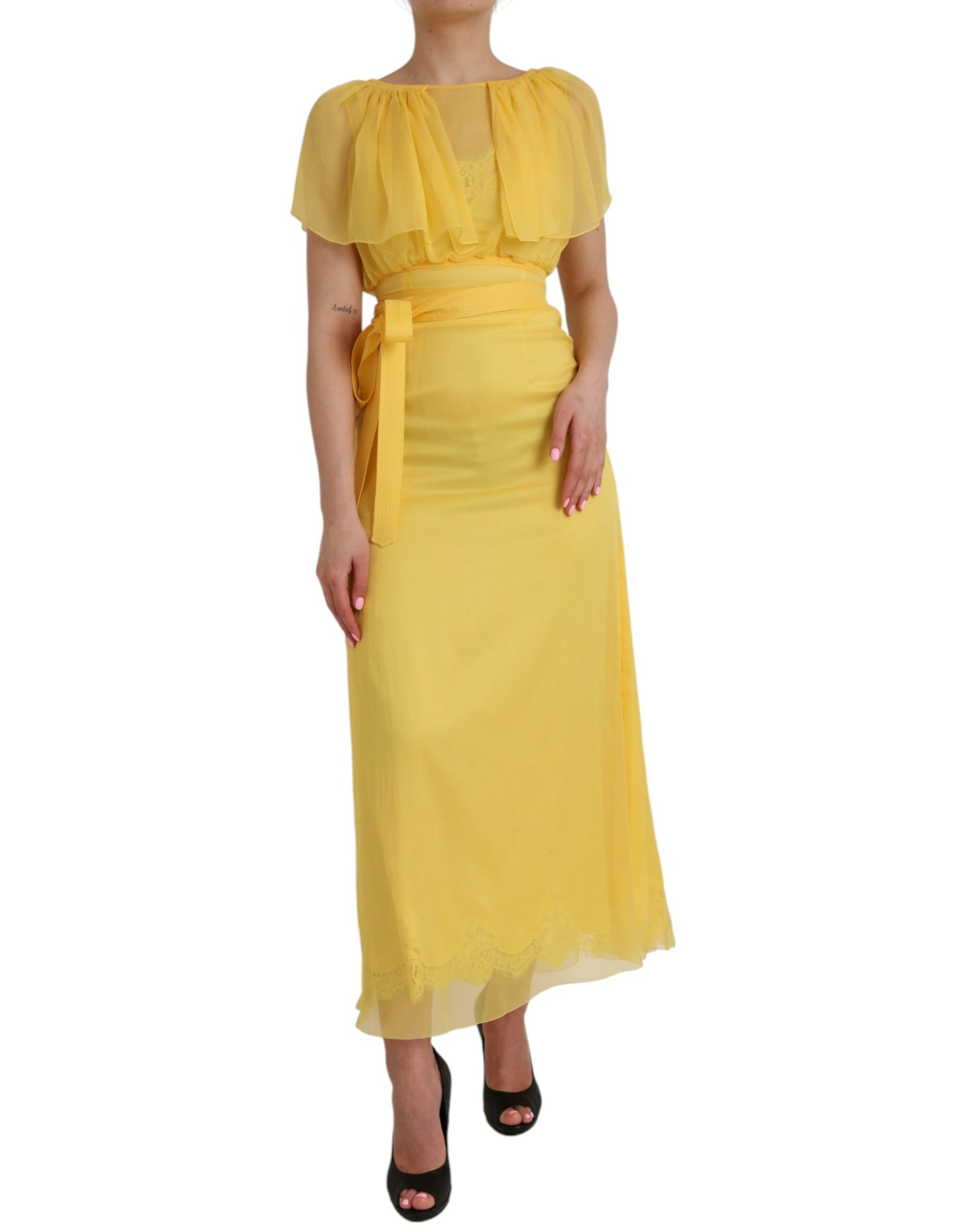 Dolce & Gabbana Yellow Silk Sheath Belted Long Maxi Dress by Dolce & Gabbana