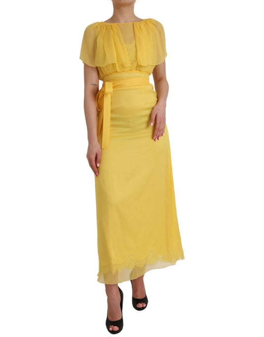 Dolce & Gabbana Yellow Silk Sheath Belted Long Maxi Dress by Dolce & Gabbana