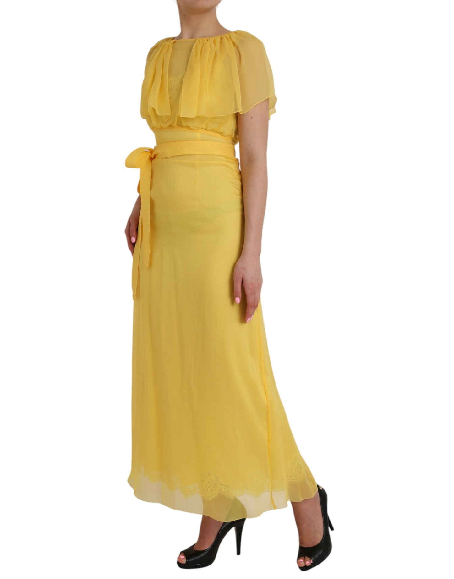 Dolce & Gabbana Yellow Silk Sheath Belted Long Maxi Dress by Dolce & Gabbana