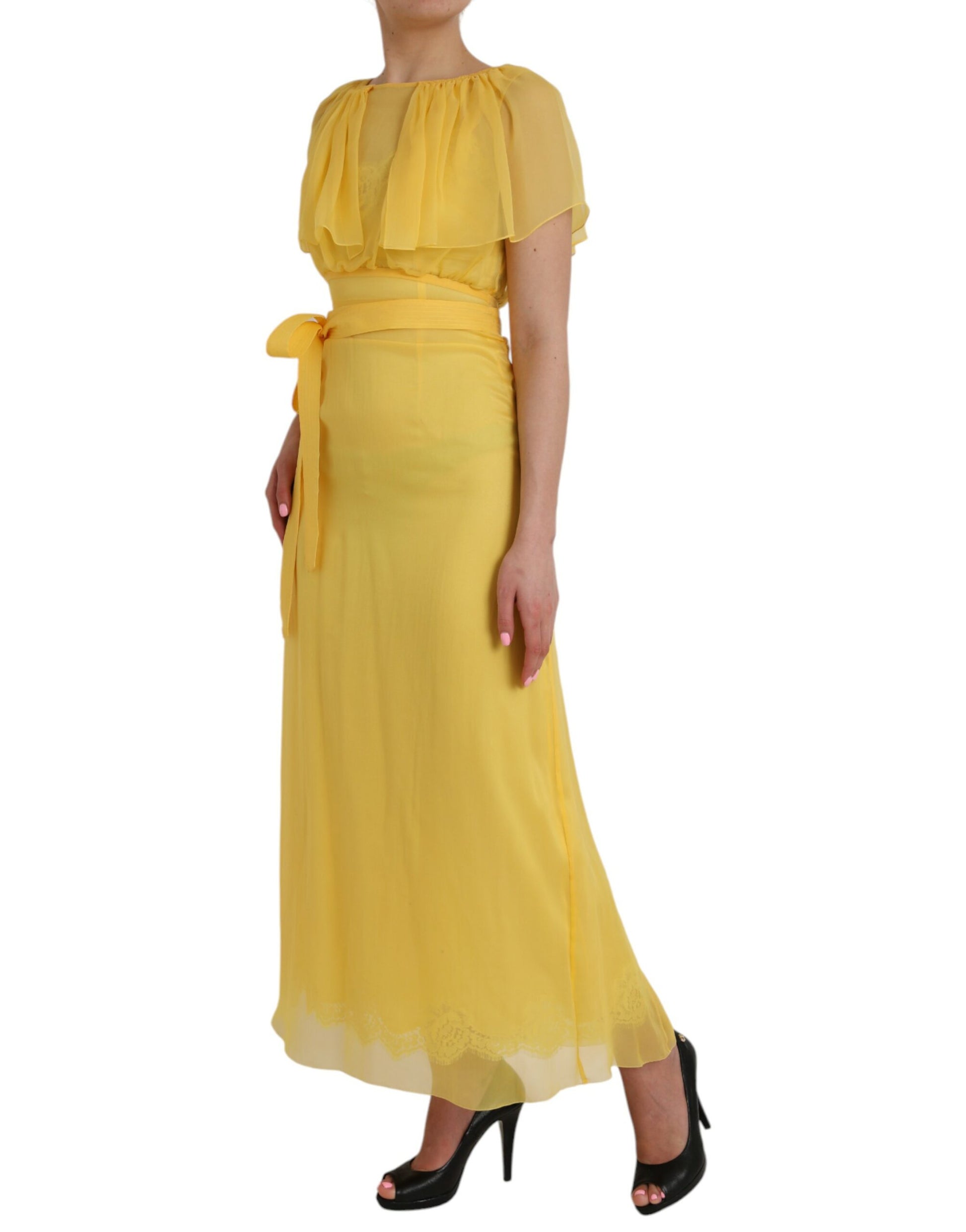 Dolce & Gabbana Yellow Silk Sheath Belted Long Maxi Dress by Dolce & Gabbana