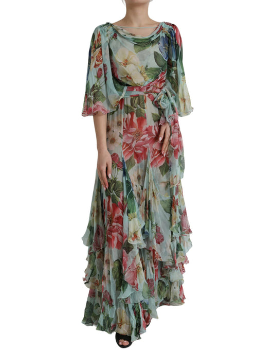 Dolce & Gabbana Blue Floral Print Tiered Long Maxi Dress by Dolce & Gabbana