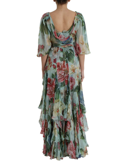 Dolce & Gabbana Blue Floral Print Tiered Long Maxi Dress by Dolce & Gabbana