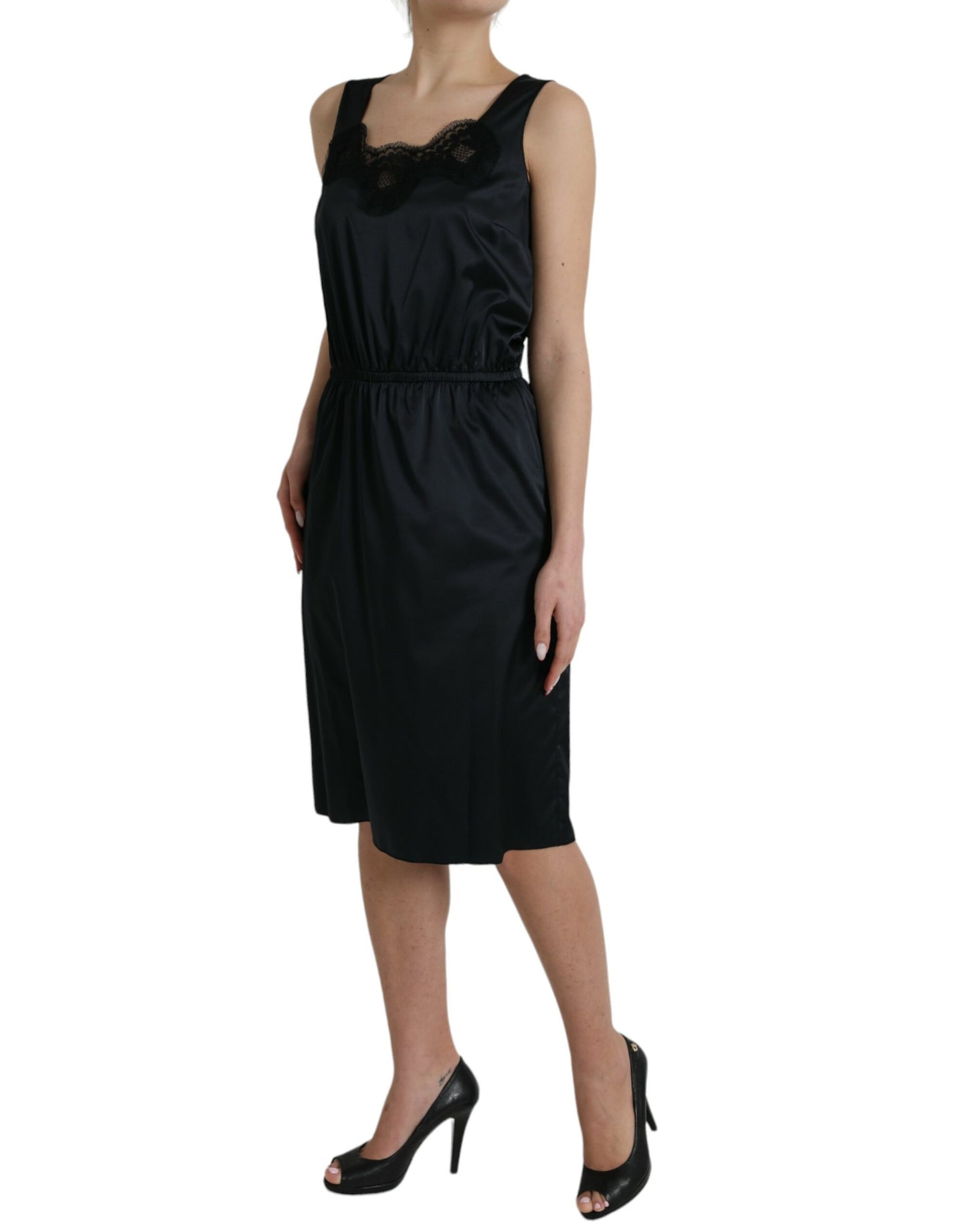 Dolce & Gabbana Black Polyester Lace Trim Sheath Midi Dress by Dolce & Gabbana