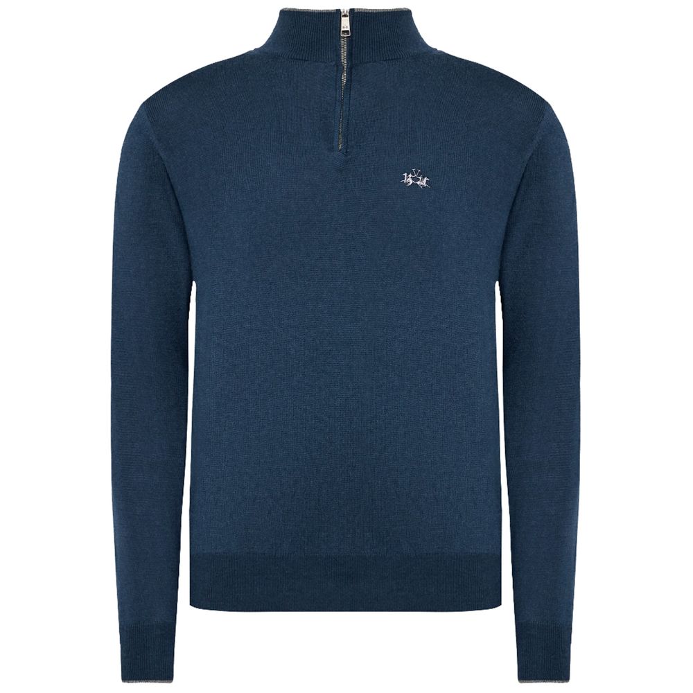 La Martina Blue Wool Men Sweater with Half Zip Closure by La Martina