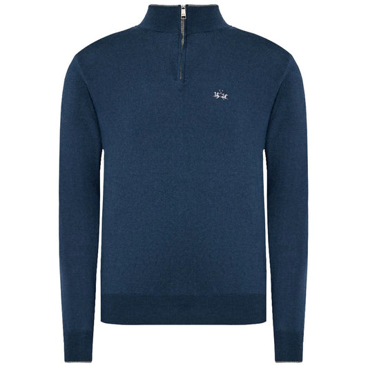 La Martina Blue Wool Men Sweater with Half Zip Closure by La Martina