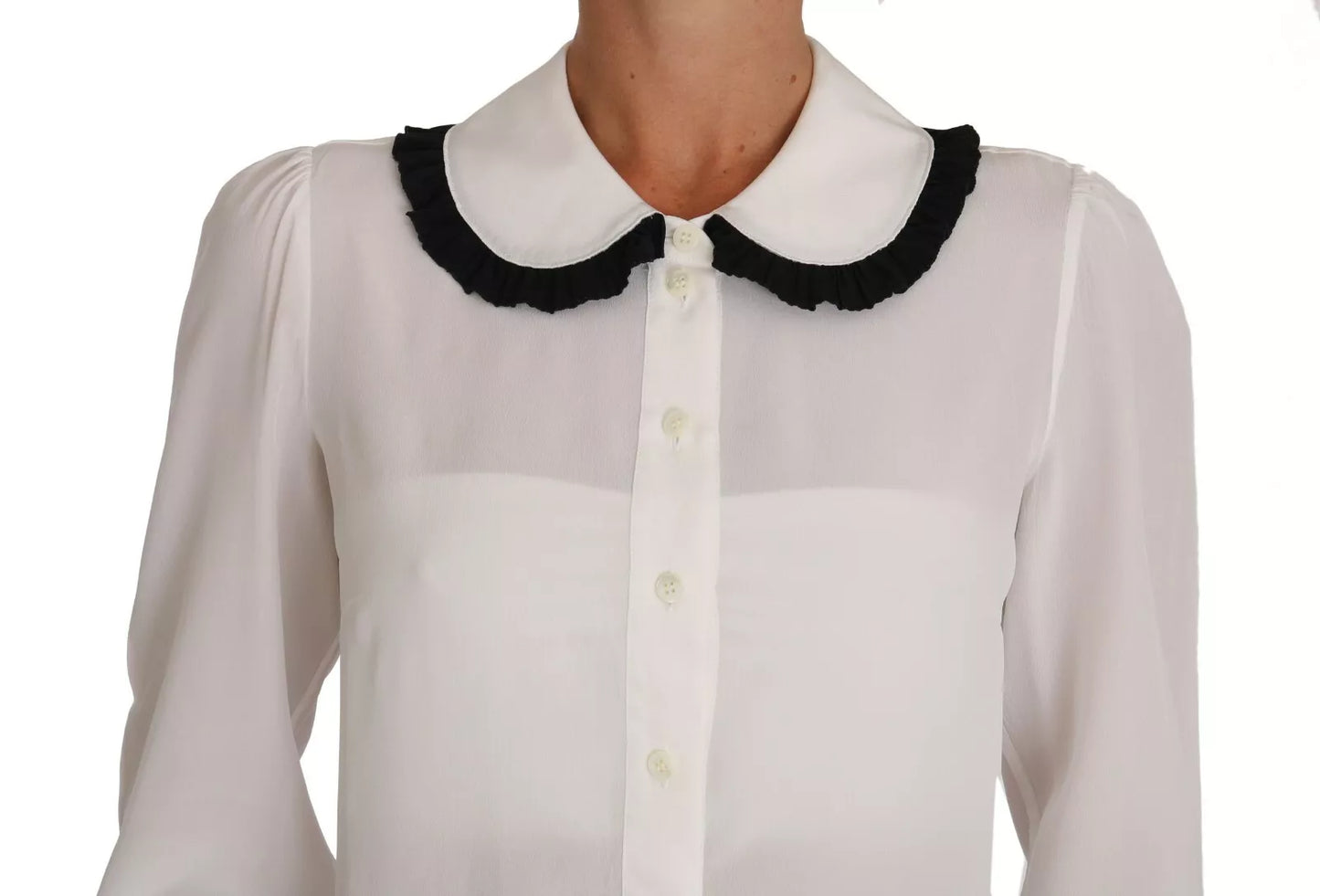 Dolce & Gabbana White Silk Shirt Ruffle Rouded Collar Blouse by Dolce & Gabbana