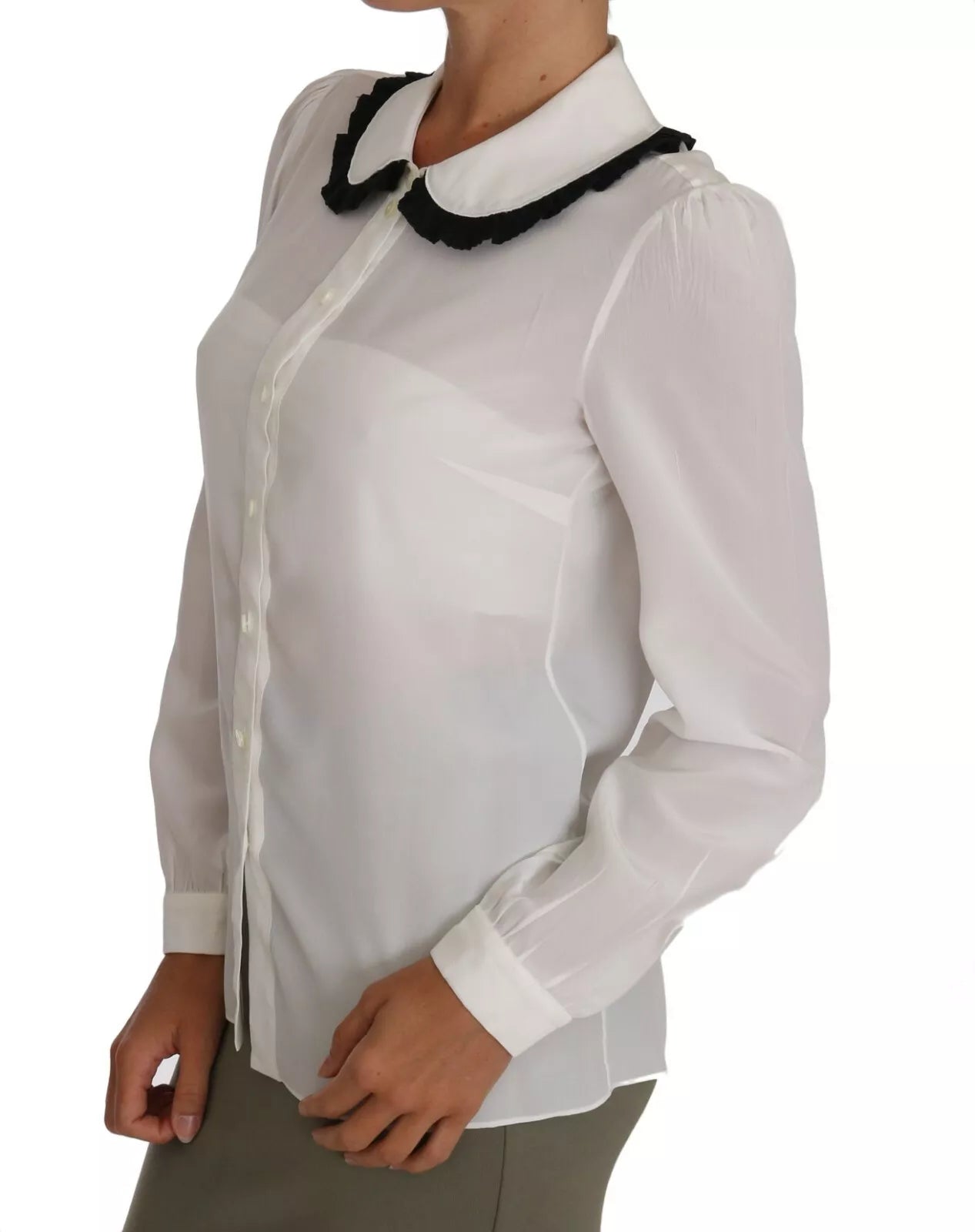Dolce & Gabbana White Silk Shirt Ruffle Rouded Collar Blouse by Dolce & Gabbana