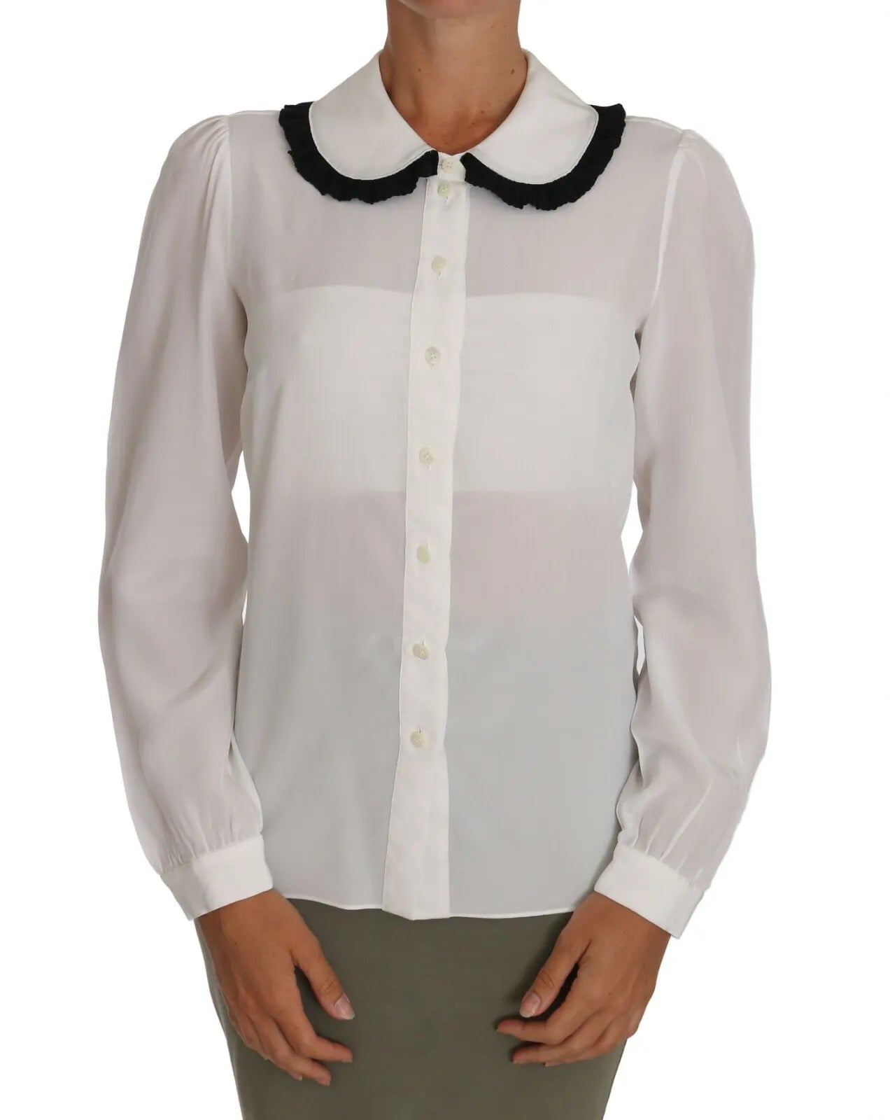 Dolce & Gabbana White Silk Shirt Ruffle Rouded Collar Blouse by Dolce & Gabbana