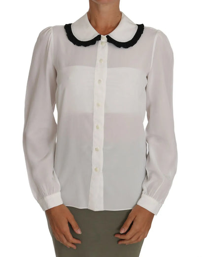 Dolce & Gabbana White Silk Shirt Ruffle Rouded Collar Blouse by Dolce & Gabbana