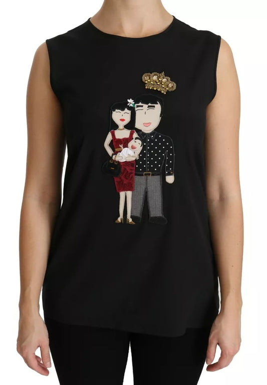 Dolce & Gabbana Black Silk DG Family Crystal Sleeveless Top by Dolce & Gabbana