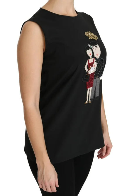 Dolce & Gabbana Black Silk DG Family Crystal Sleeveless Top by Dolce & Gabbana
