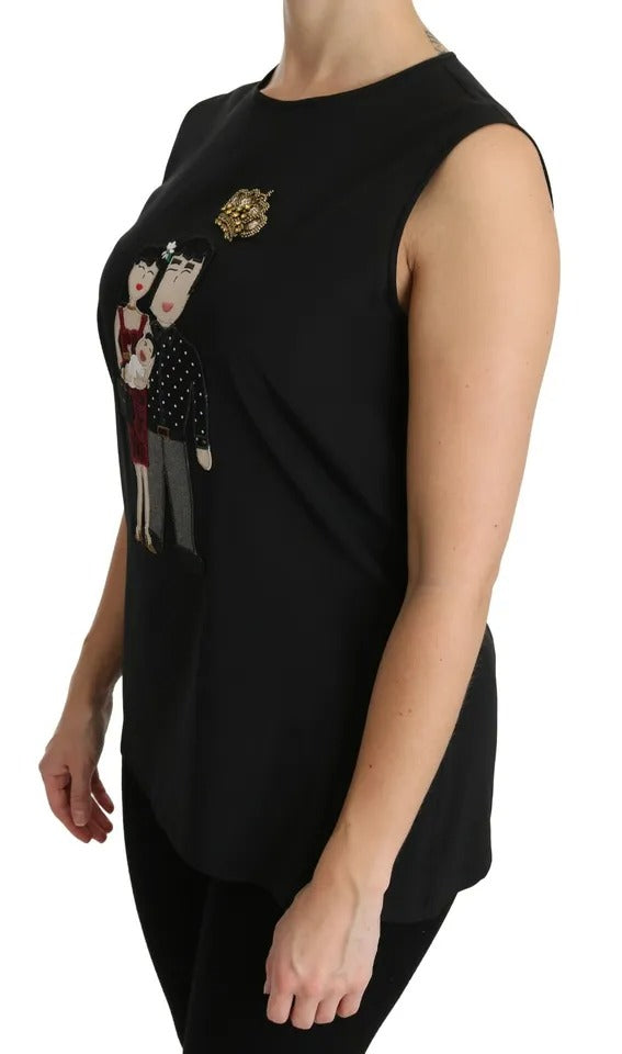Dolce & Gabbana Black Silk DG Family Crystal Sleeveless Top by Dolce & Gabbana