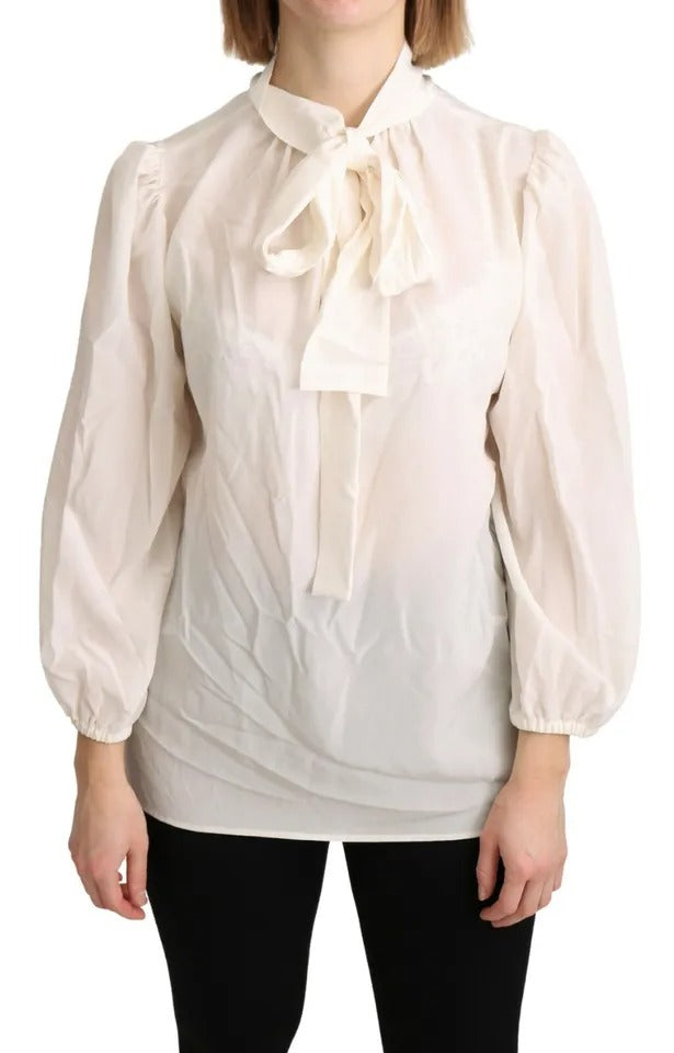 Dolce & Gabbana Off White Scarfneck Long Sleeves Blouse Silk Top by Dolce & Gabbana